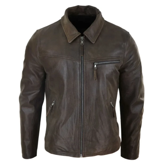 Mens Classic Real Leather Soft Hide Zipped Collar Box Jacket Smart Casual Fit - Image 20