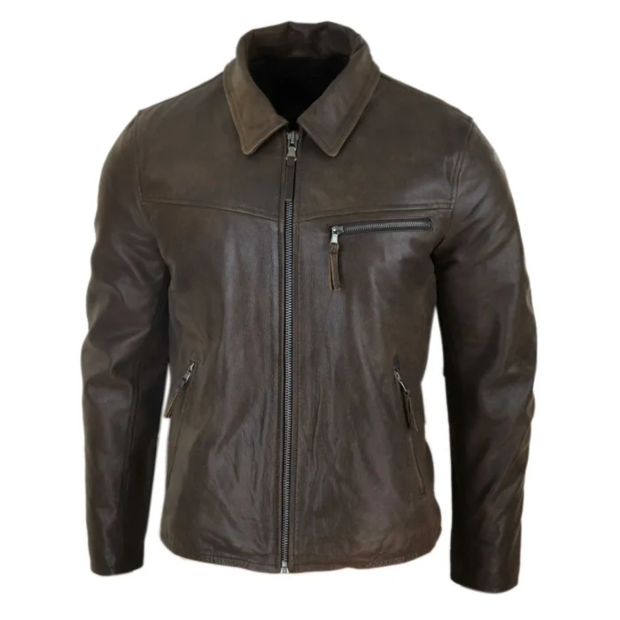 Mens Classic Real Leather Soft Hide Zipped Collar Box Jacket Smart Casual Fit - Image 24