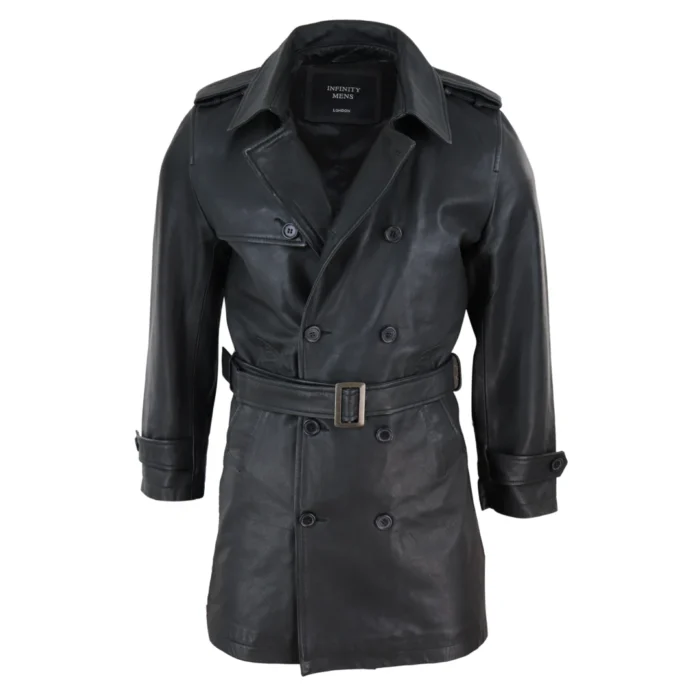 Mens Black 3/4 Trench Coat Real Leather Belted Jacket Classic Soft Napa Classic - Image 1