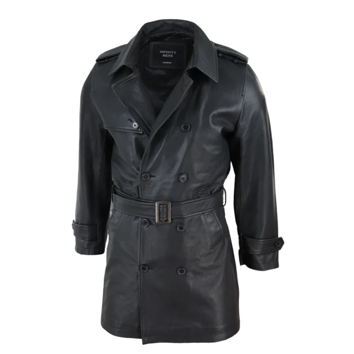Mens Black 3/4 Trench Coat Real Leather Belted Jacket Classic Soft Napa Classic - Image 2