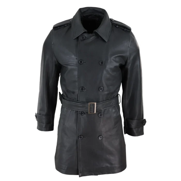 Mens Black 3/4 Trench Coat Real Leather Belted Jacket Classic Soft Napa Classic - Image 6