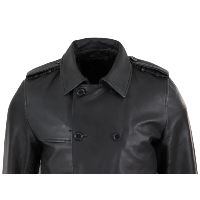 Mens Black 3/4 Trench Coat Real Leather Belted Jacket Classic Soft Napa Classic - Image 5