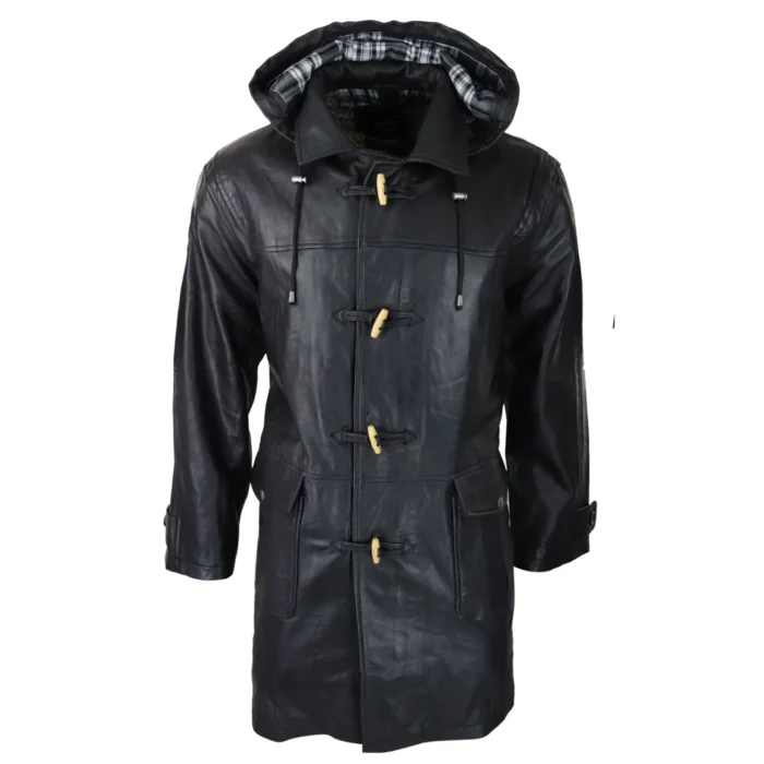 Mens Black Real Leather Duffle Jacket Coat Toggle Classic Fisherman Hooded 3/4 - Image 1