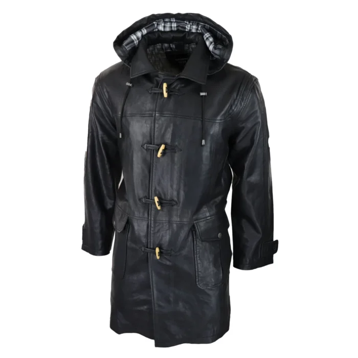 Mens Black Real Leather Duffle Jacket Coat Toggle Classic Fisherman Hooded 3/4 - Image 2