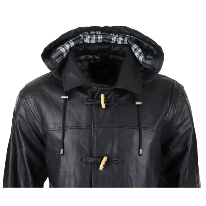 Mens Black Real Leather Duffle Jacket Coat Toggle Classic Fisherman Hooded 3/4 - Image 6
