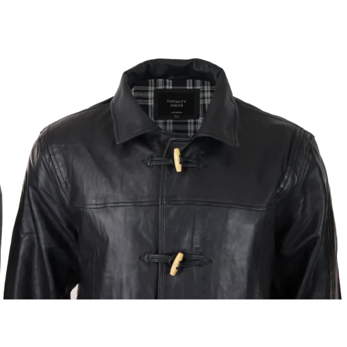 Mens Black Real Leather Duffle Jacket Coat Toggle Classic Fisherman Hooded 3/4 - Image 5