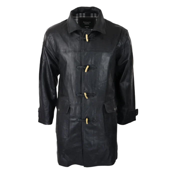 Mens Black Real Leather Duffle Jacket Coat Toggle Classic Fisherman Hooded 3/4 - Image 4