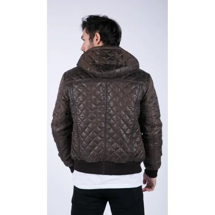 Mens Quilted Hooded Puffer Jacket Brown Badge Bomber Pilot Air Force - Image 4