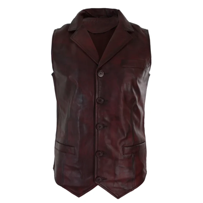 Mens Real Leather Tan Brown Black Burgundy Smart Casual Gilet Waistcoat Vintage Retro - Image 11