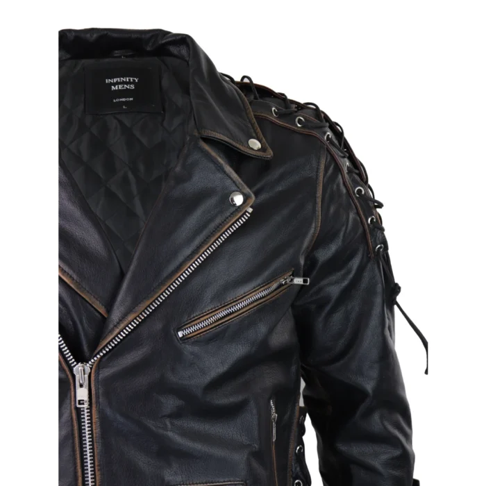 Mens Live To Ride Cow Hide Real Leather Jacket Original Cross Zip Brando Biker Motorcycle - Image 7