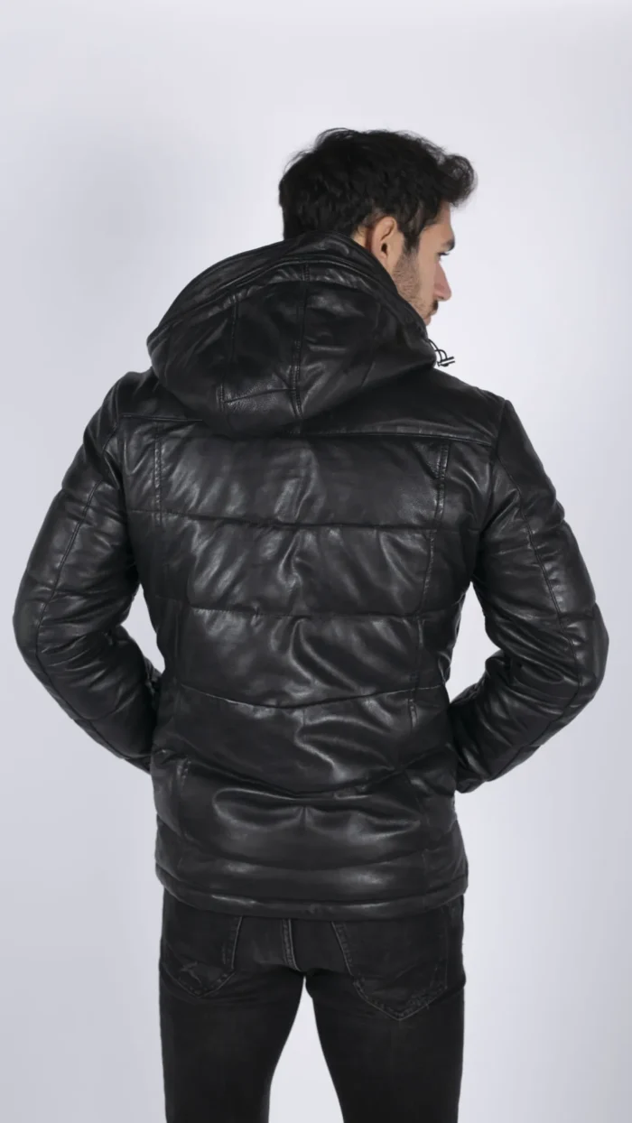 Mens Puffer Hood Quilted Jacket Real Leather Black Casual Retro 80s Classic Casual - Image 5