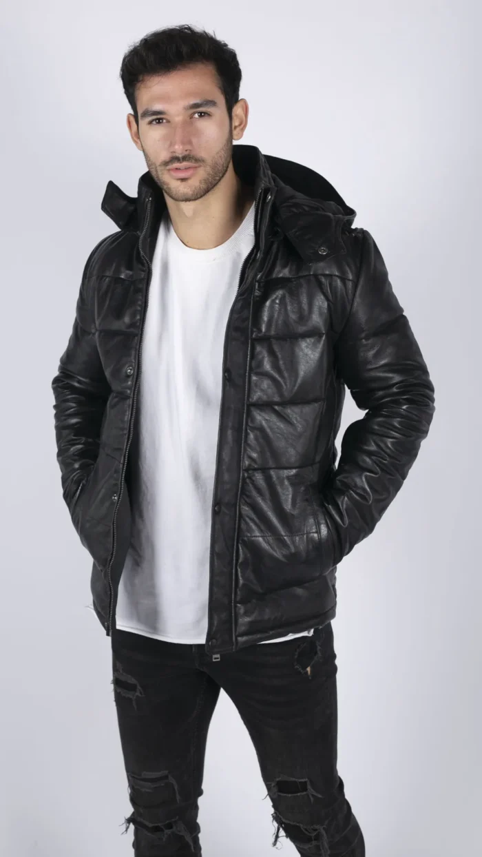 Mens Puffer Hood Quilted Jacket Real Leather Black Casual Retro 80s Classic Casual - Image 4