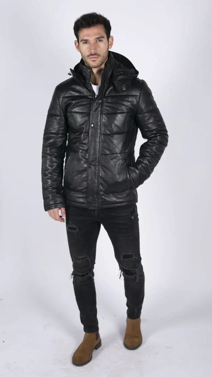 Mens Puffer Hood Quilted Jacket Real Leather Black Casual Retro 80s Classic Casual - Image 3