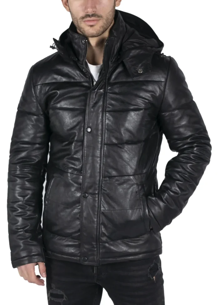 Mens Puffer Hood Quilted Jacket Real Leather Black Casual Retro 80s Classic Casual - Image 1