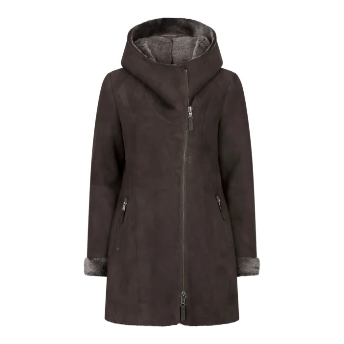 Womens 3/4 Mid Length Real Sheepskin Brown Vintage Toscana Suede Hood Coat - Image 1