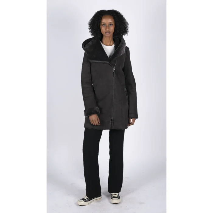 Womens 3/4 Mid Length Real Sheepskin Brown Vintage Toscana Suede Hood Coat - Image 2