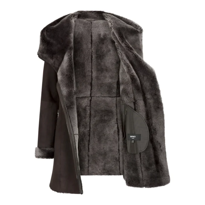 Womens 3/4 Mid Length Real Sheepskin Brown Vintage Toscana Suede Hood Coat - Image 6
