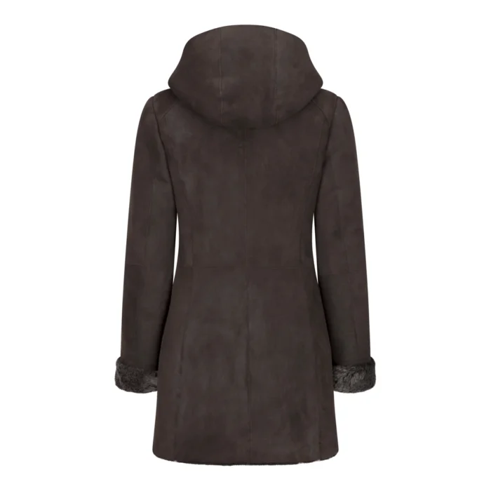 Womens 3/4 Mid Length Real Sheepskin Brown Vintage Toscana Suede Hood Coat - Image 3