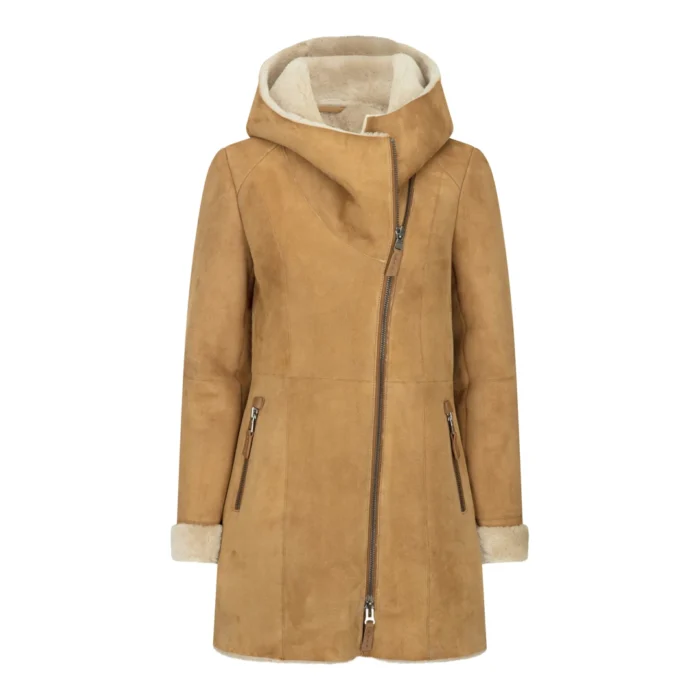 Womens 3/4 Mid Length Real Sheepskin Camel Cream Vintage Toscana Suede Hood Coat - Image 1