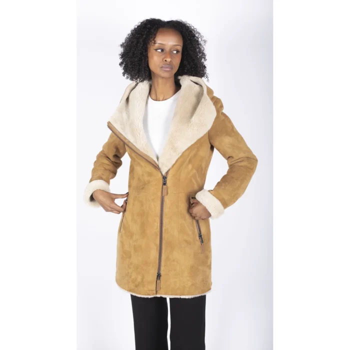 Womens 3/4 Mid Length Real Sheepskin Camel Cream Vintage Toscana Suede Hood Coat - Image 2