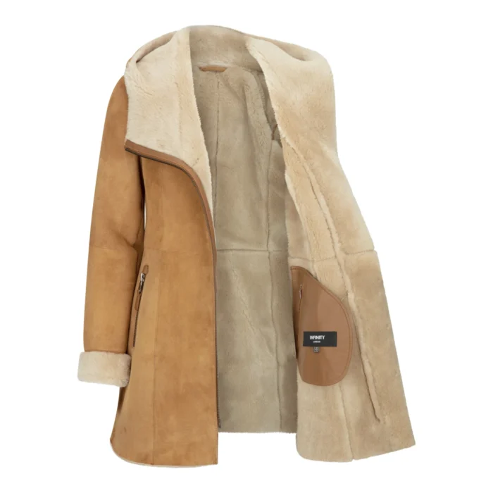 Womens 3/4 Mid Length Real Sheepskin Camel Cream Vintage Toscana Suede Hood Coat - Image 6