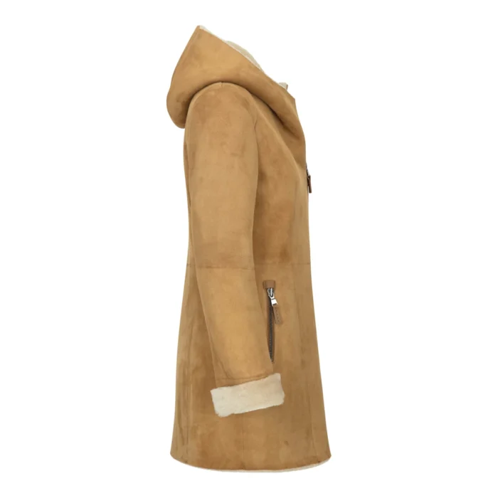 Womens 3/4 Mid Length Real Sheepskin Camel Cream Vintage Toscana Suede Hood Coat - Image 5