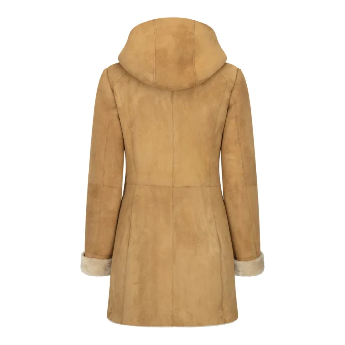 Womens 3/4 Mid Length Real Sheepskin Camel Cream Vintage Toscana Suede Hood Coat - Image 3