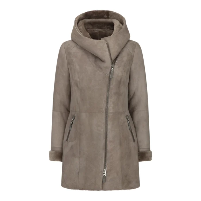 Womens 3/4 Mid Length Real Sheepskin Beige Vintage Toscana Suede Hood Coat - Image 1