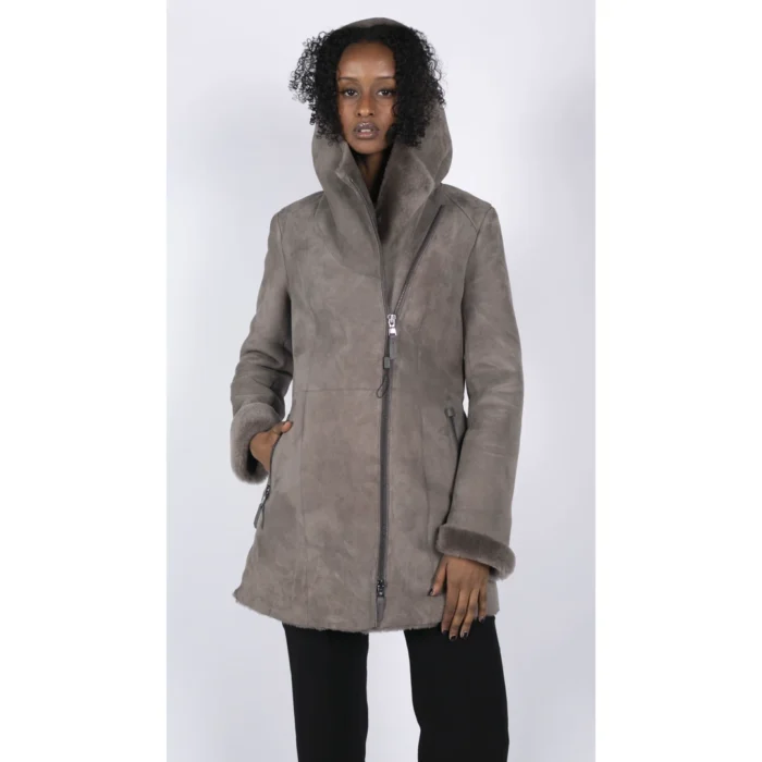 Womens 3/4 Mid Length Real Sheepskin Beige Vintage Toscana Suede Hood Coat - Image 2