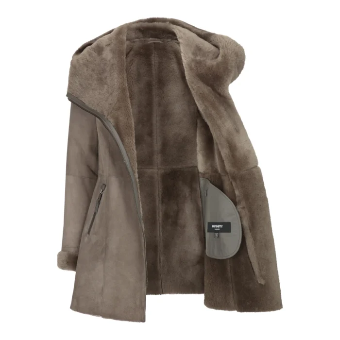 Womens 3/4 Mid Length Real Sheepskin Beige Vintage Toscana Suede Hood Coat - Image 6