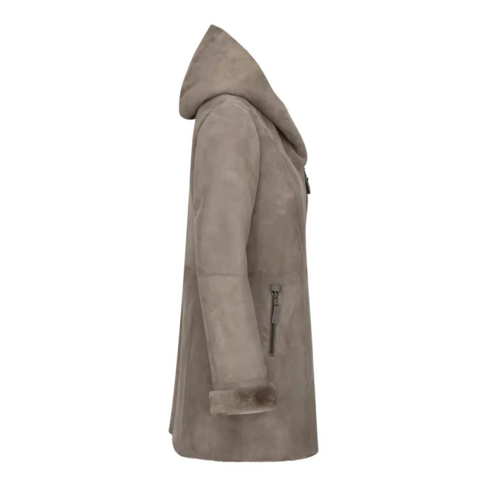 Womens 3/4 Mid Length Real Sheepskin Beige Vintage Toscana Suede Hood Coat - Image 5