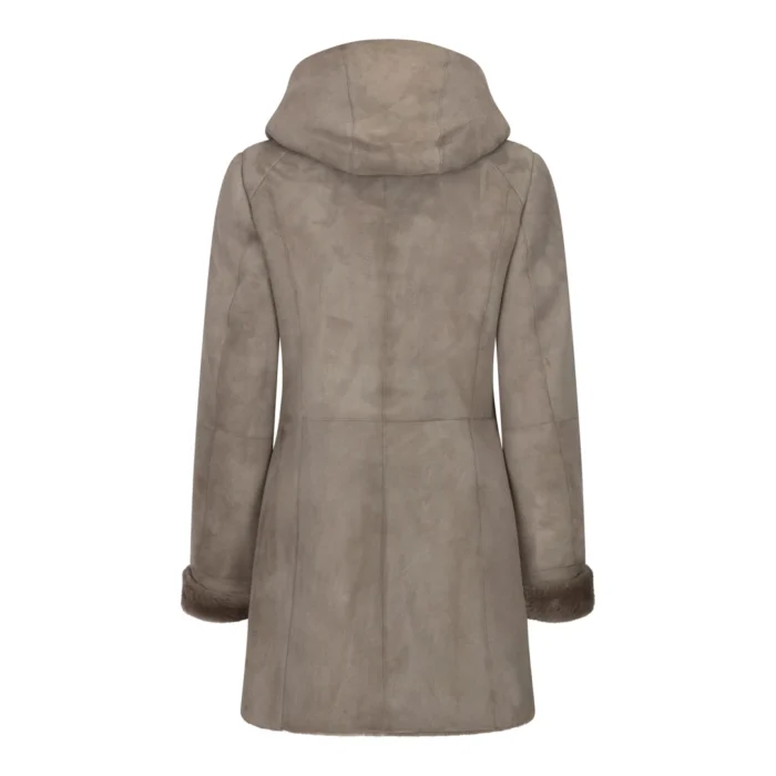 Womens 3/4 Mid Length Real Sheepskin Beige Vintage Toscana Suede Hood Coat - Image 3