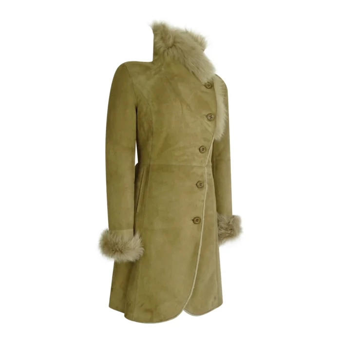 Ladies Real Sheepskin Jacket Suede Button Tailored Fit 3/4 Long Trench Coat Italian - Image 2
