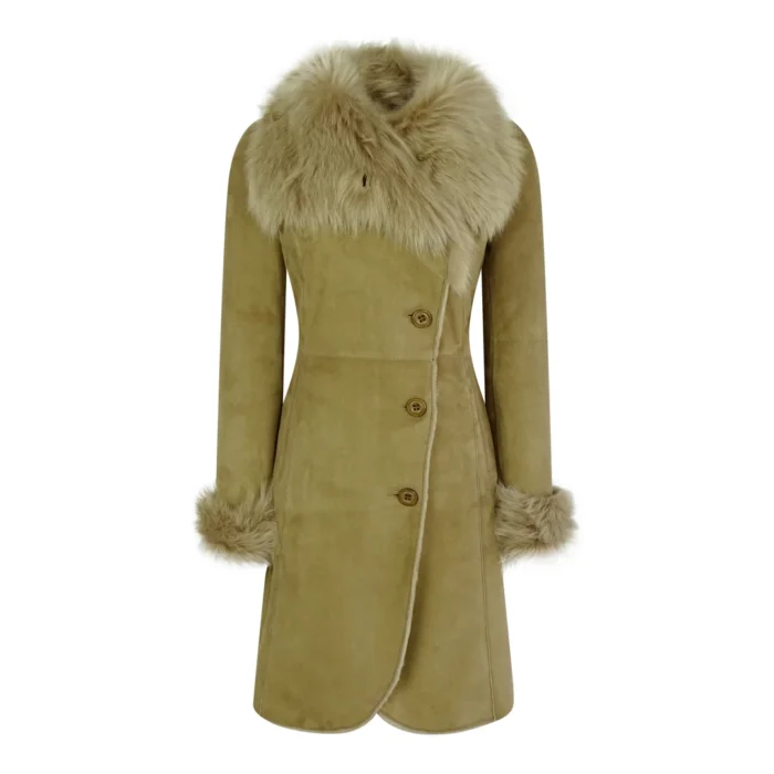 Ladies Real Sheepskin Jacket Suede Button Tailored Fit 3/4 Long Trench Coat Italian - Image 7