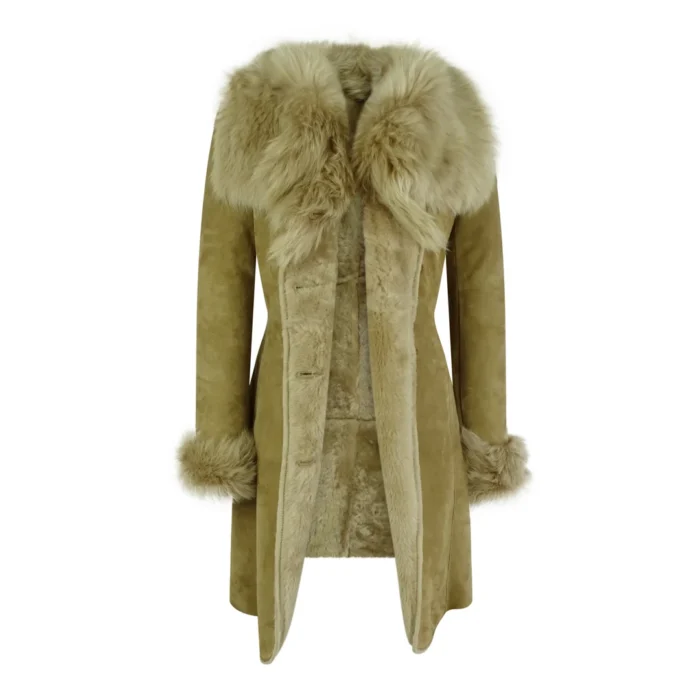 Ladies Real Sheepskin Jacket Suede Button Tailored Fit 3/4 Long Trench Coat Italian - Image 3