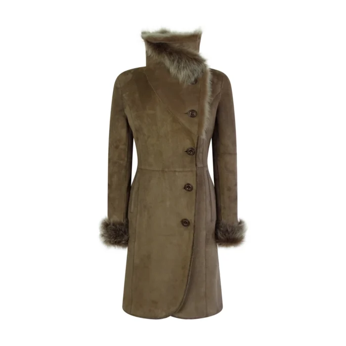 Ladies Real Sheepskin Jacket Suede Button Tailored Fit 3/4 Long Trench Coat Italian - Image 1