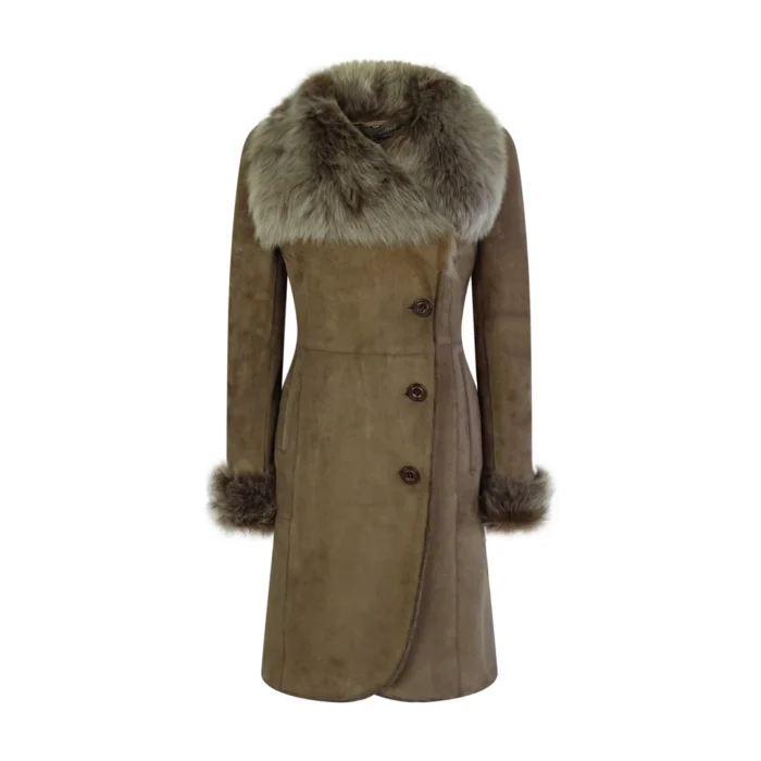 Ladies Real Sheepskin Jacket Suede Button Tailored Fit 3/4 Long Trench Coat Italian - Image 2