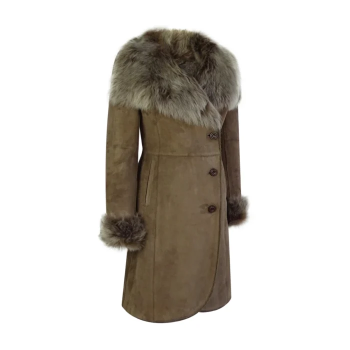 Ladies Real Sheepskin Jacket Suede Button Tailored Fit 3/4 Long Trench Coat Italian - Image 6