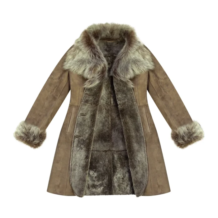 Ladies Real Sheepskin Jacket Suede Button Tailored Fit 3/4 Long Trench Coat Italian - Image 3
