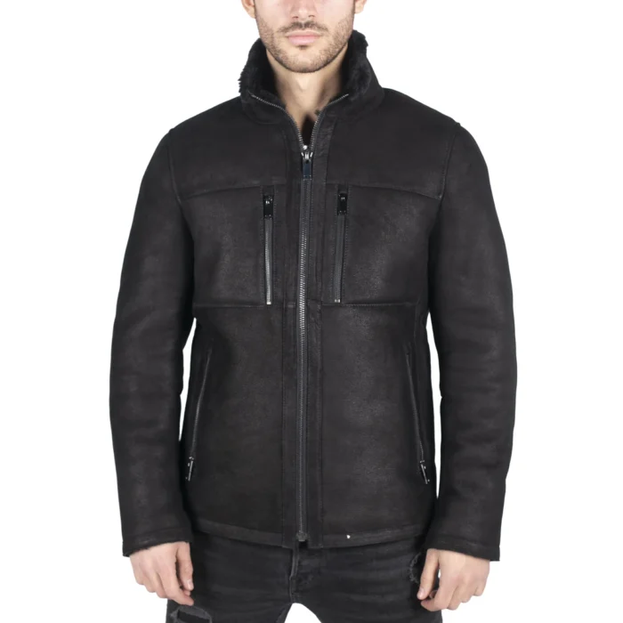 Mens Real Sheepskin Jacket Short Zipped Casual Retro Vintage Black Zipped - Image 1