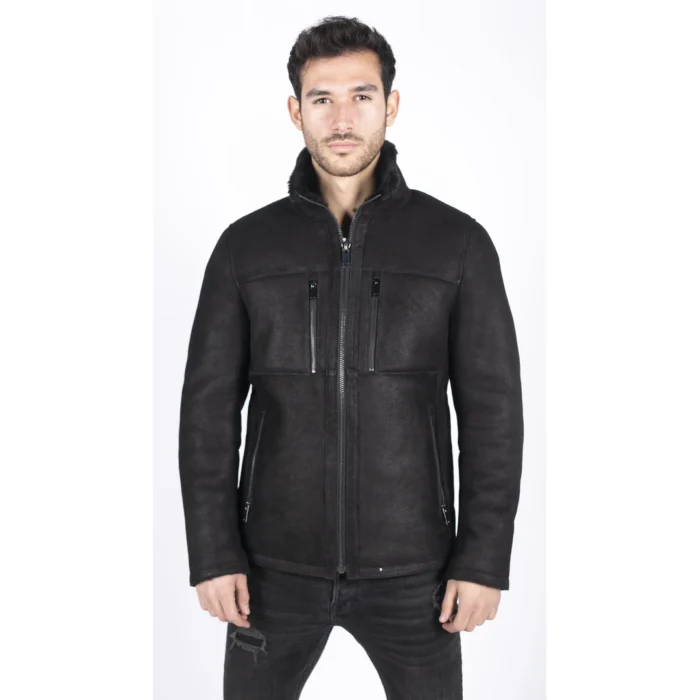 Mens Real Sheepskin Jacket Short Zipped Casual Retro Vintage Black Zipped - Image 2