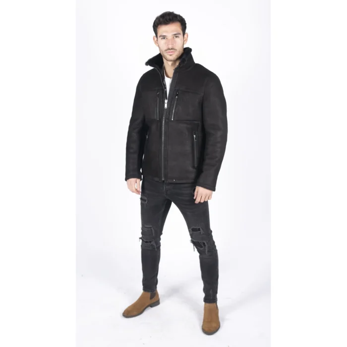 Mens Real Sheepskin Jacket Short Zipped Casual Retro Vintage Black Zipped - Image 5