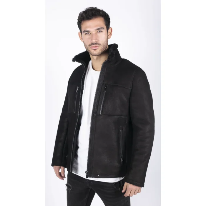 Mens Real Sheepskin Jacket Short Zipped Casual Retro Vintage Black Zipped - Image 4