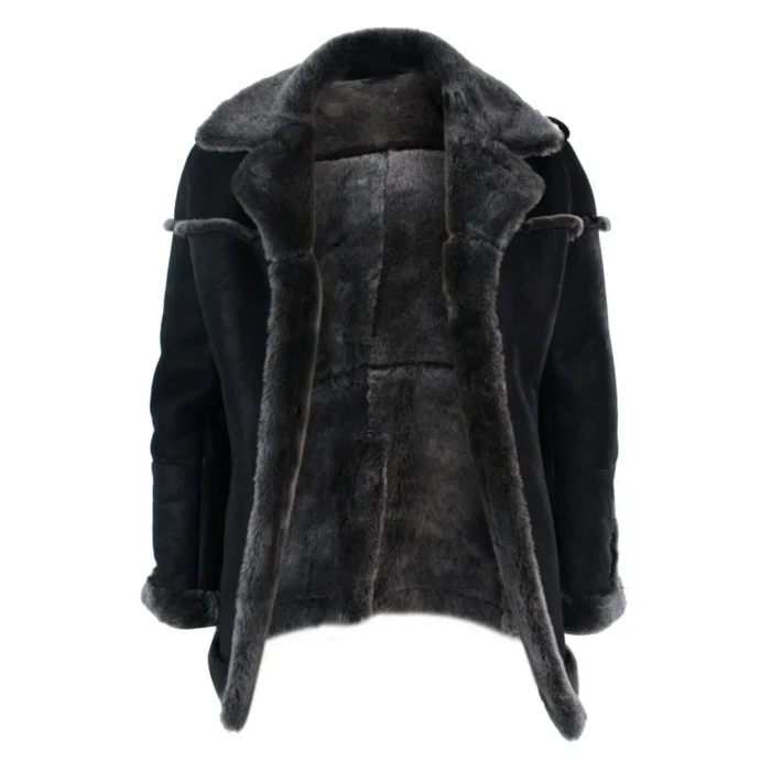 Mens Double Breasted Real Sherling Navy Captain Sheepskin Jacket Belted Grey Black - Image 2