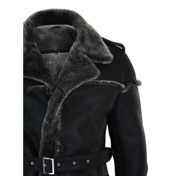 Mens Double Breasted Real Sherling Navy Captain Sheepskin Jacket Belted Grey Black - Image 5