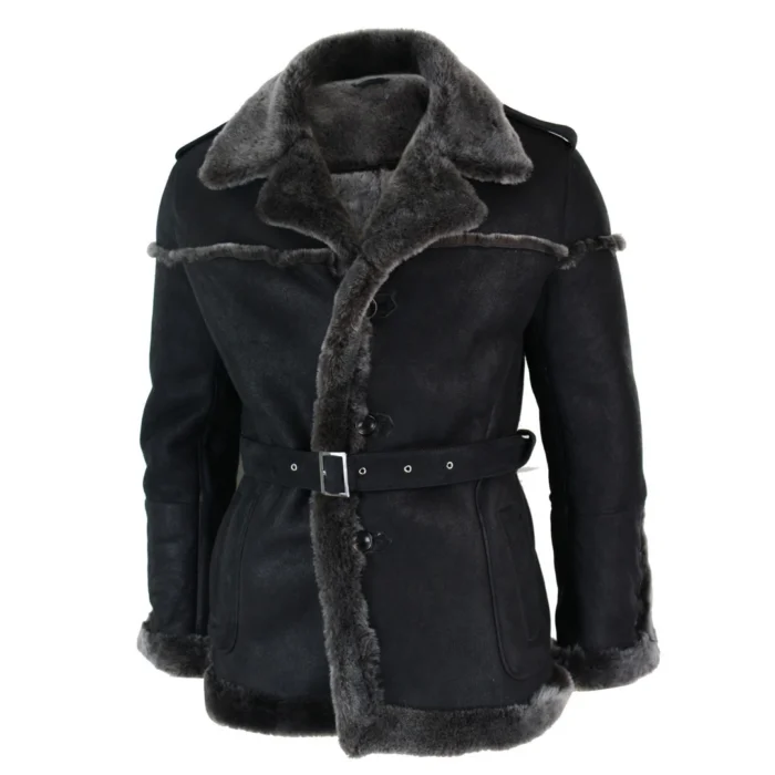 Mens Double Breasted Real Sherling Navy Captain Sheepskin Jacket Belted Grey Black - Image 4