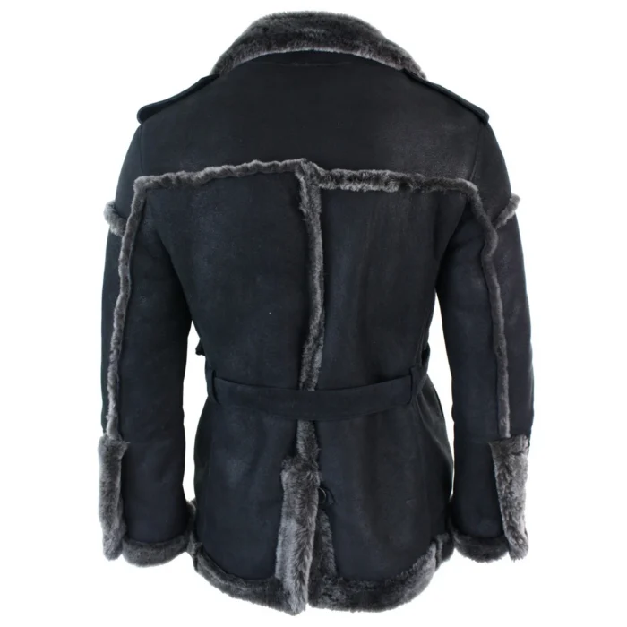 Mens Double Breasted Real Sherling Navy Captain Sheepskin Jacket Belted Grey Black - Image 3