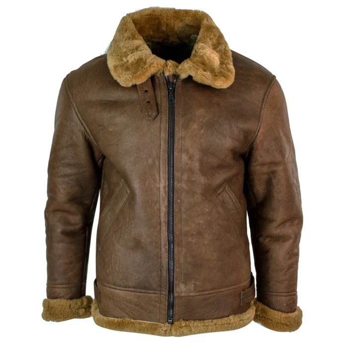 Mens Retro Vintage Classic Real Sheepskin RAF Pilot Flying Jacket Tan Ginger Fur Zip - Image 1