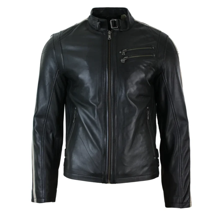 Mens Slim Fit Short Real Leather Biker Racing Jacket Stripes Sleeves Zipped - Image 1
