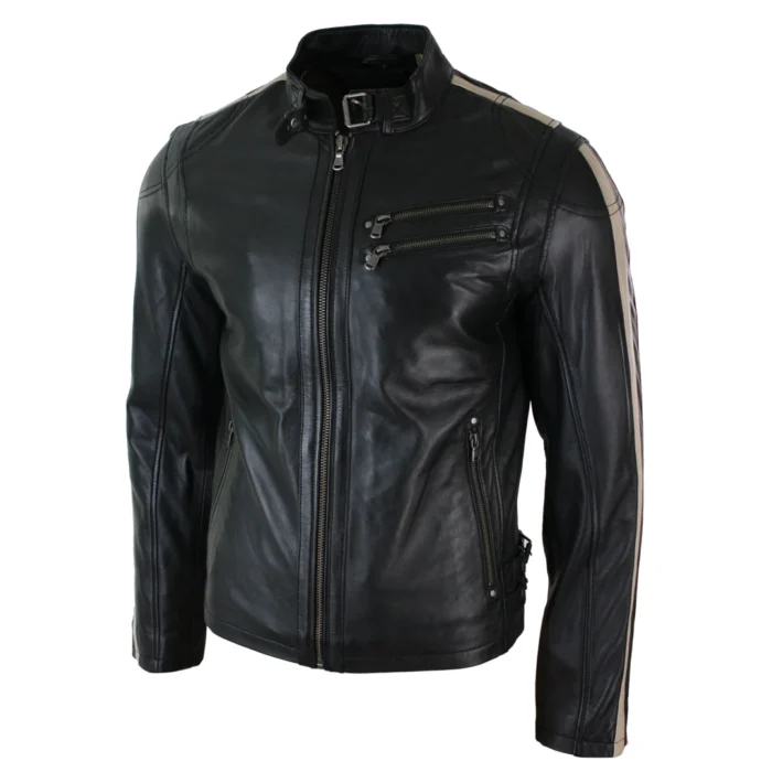 Mens Slim Fit Short Real Leather Biker Racing Jacket Stripes Sleeves Zipped - Image 2